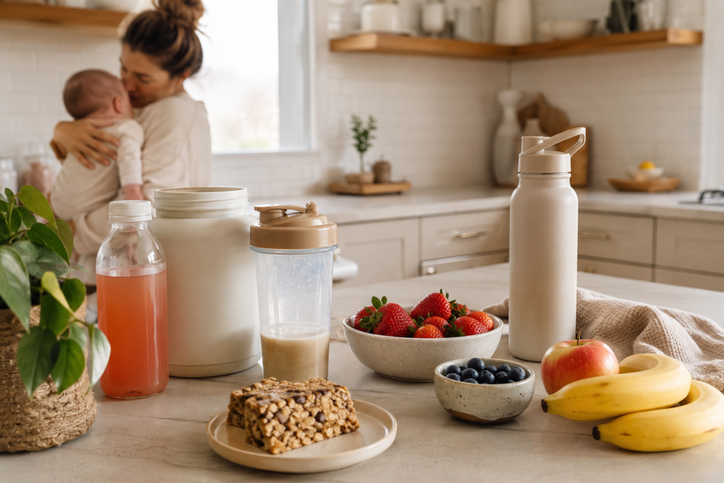 Postpartum snacks, electrolytes, and hydration essentials for breastfeeding moms.