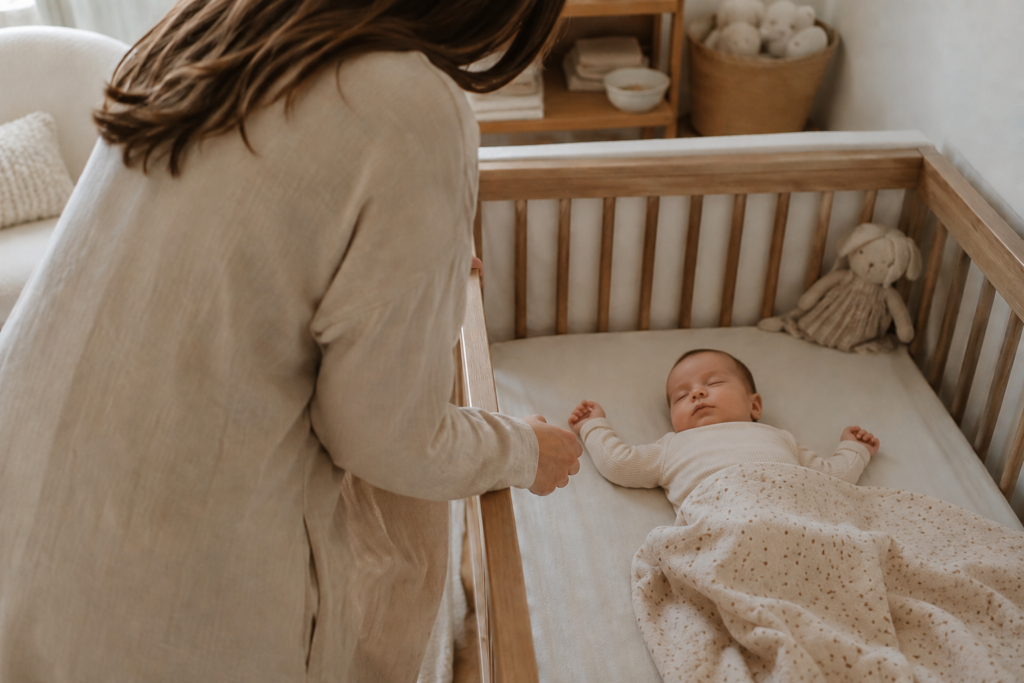 mom checking on sleeping newborn during nap time