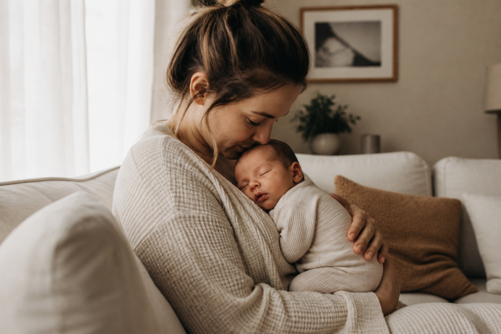 mom holding newborn baby in cozy home soft natural light