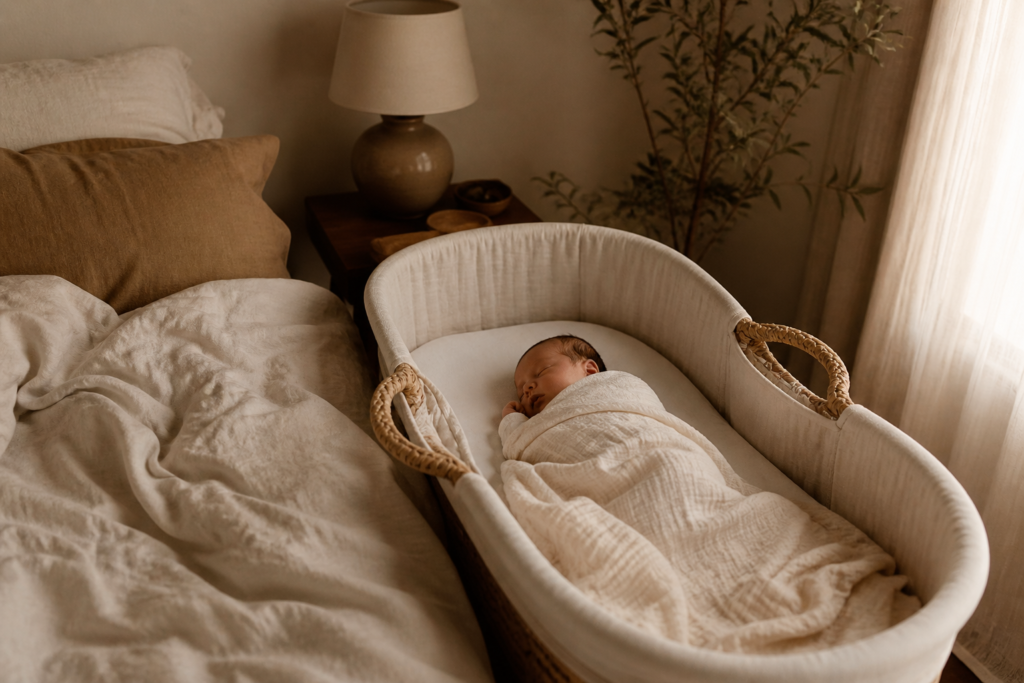 newborn baby sleeping in bassinet next to bed neutral cozy bedroom