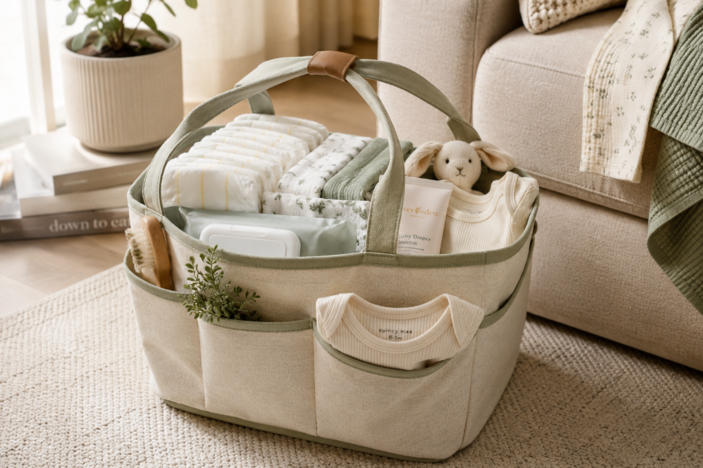 Portable newborn diaper caddy setup with diapers wipes and baby essentials