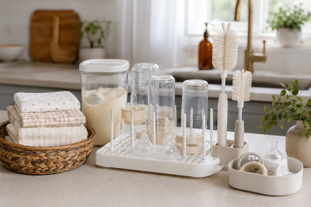 Simple newborn bottle cleaning and feeding station organized on a neutral kitchen counter