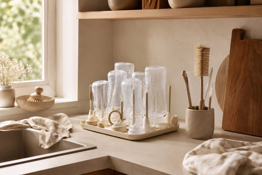 Minimalist baby bottle drying rack and bottle brush setup on a warm neutral kitchen counter