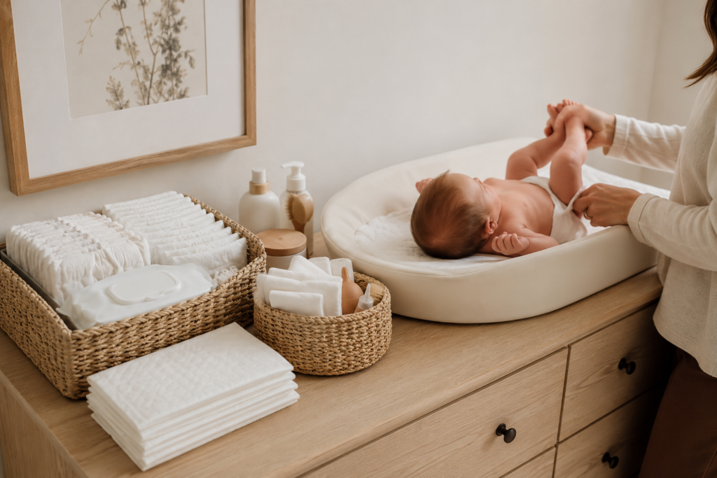 Minimal newborn changing station with organized diapering essentials