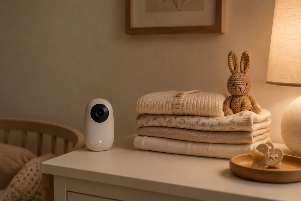 simple non-wifi baby monitor setup in neutral nursery