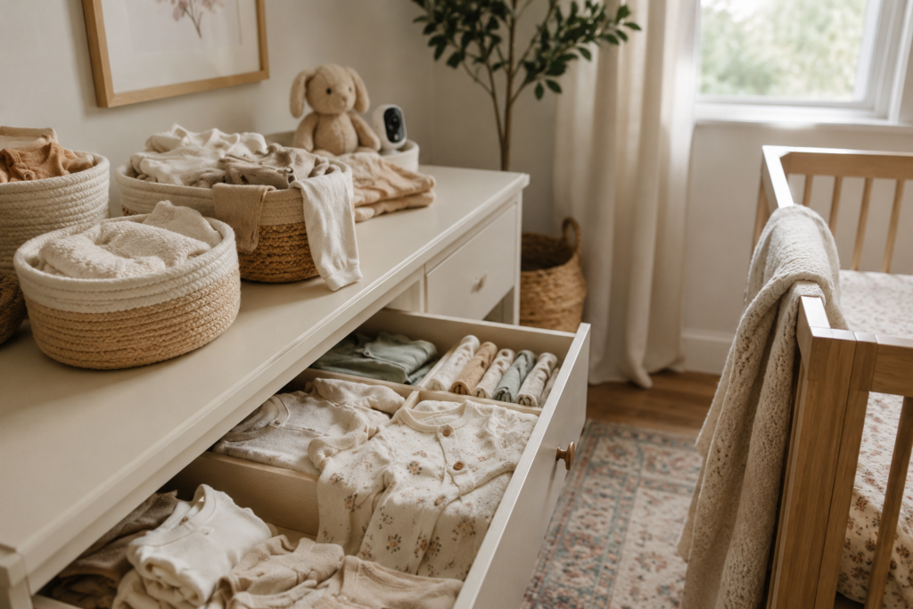 Folded newborn baby clothes organized in a neutral nursery with footie pajamas and onesies