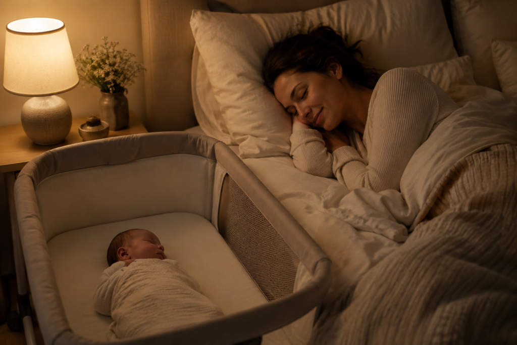 newborn sleeping beside bed during the newborn stage