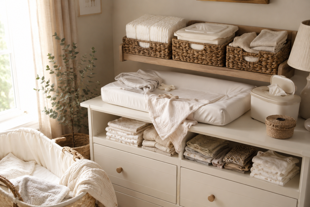 Newborn diapering station setup with diapers wipes and woven baskets in a neutral nursery