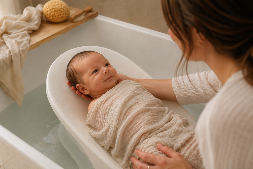 newborn baby resting in bath support during bath time