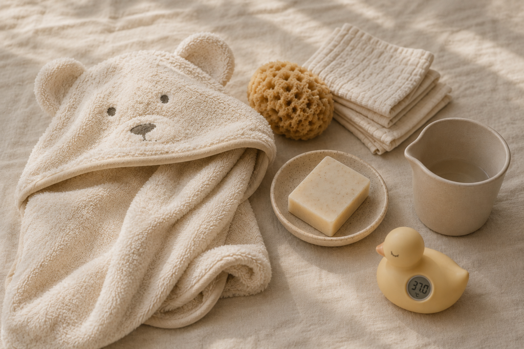 newborn bath essentials including hooded towel washcloths and rinse cup