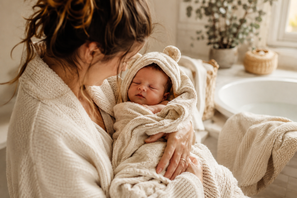 newborn wrapped in hooded towel after bath in cozy neutral bathroom