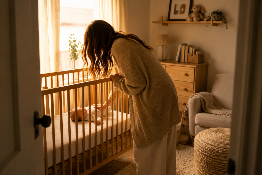 mom checking on sleeping baby during naps with simple baby monitor setup