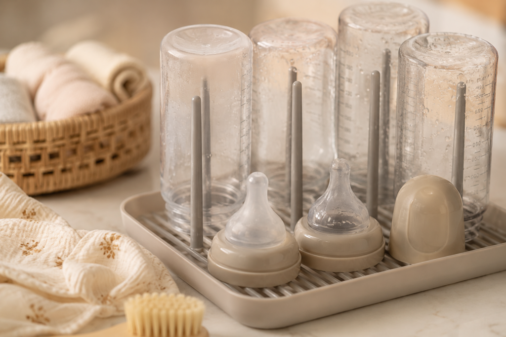 Best Bottle Brushes and Drying Racks for Baby Bottles drying on a minimalist bottle drying rack in a neutral kitchen