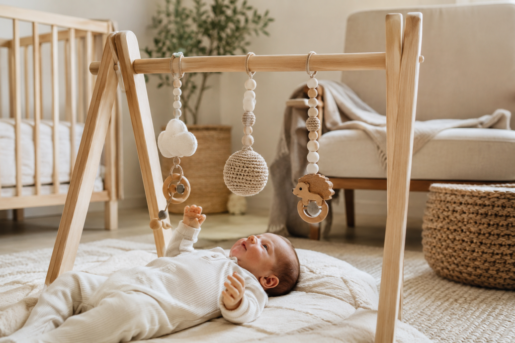 Newborn baby laying under neutral wooden play gym during tummy time