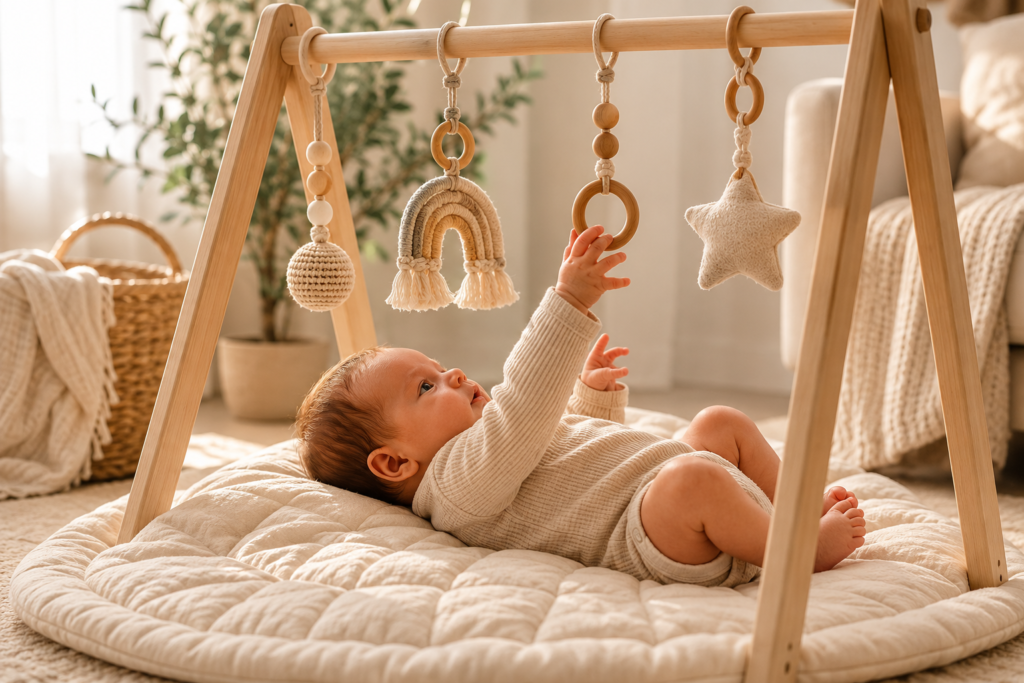 Newborn laying beneath neutral wooden baby play gym during wake window playtime
