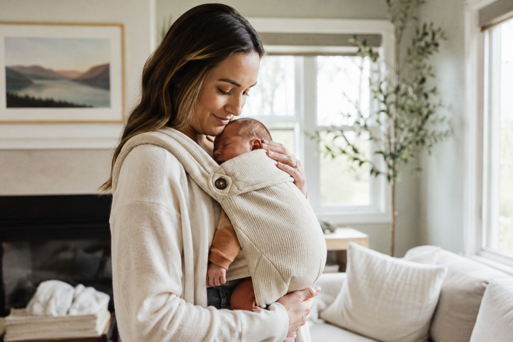 Mother wearing newborn in a soft baby carrier during a daily newborn routine.