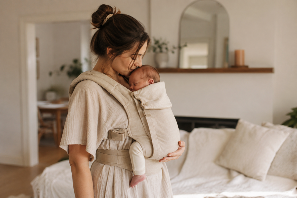 New mom baby wearing newborn in soft carrier during calm postpartum moment at home