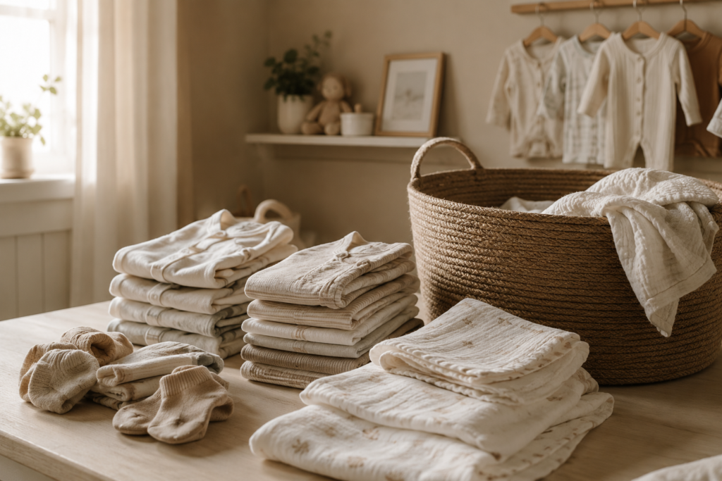 Best baby laundry detergent for sensitive skin with folded newborn clothes in a neutral nursery