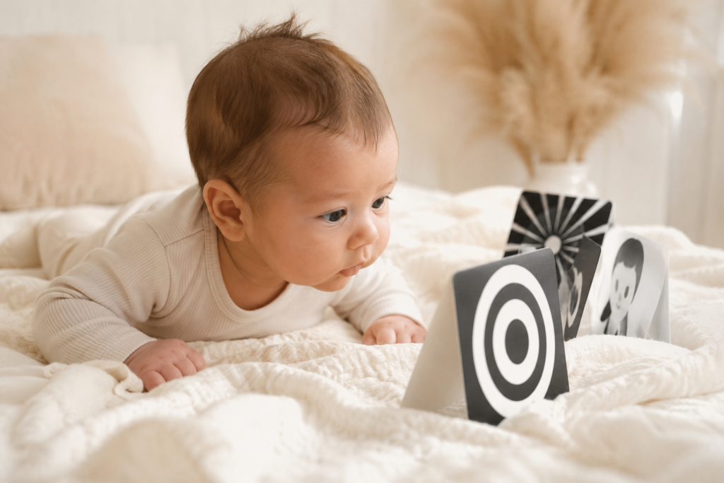 Baby looking at black and white contrast cards during tummy time