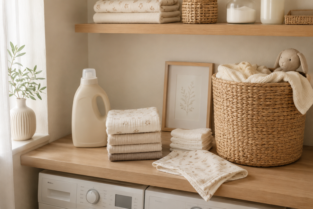 Minimalist baby laundry setup with newborn essentials and gentle detergent