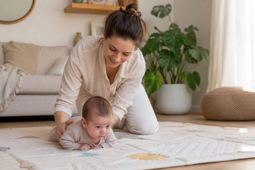 Mom helping baby during tummy time in cozy neutral living room