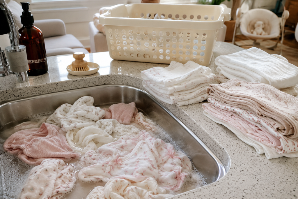 Postpartum newborn laundry setup with baby clothes and burp cloths soaking after blowouts