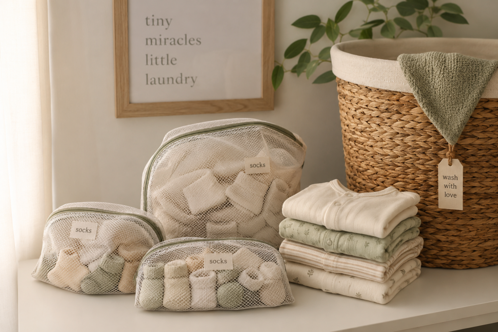 Newborn laundry organization with mesh laundry bags for baby socks and clothes