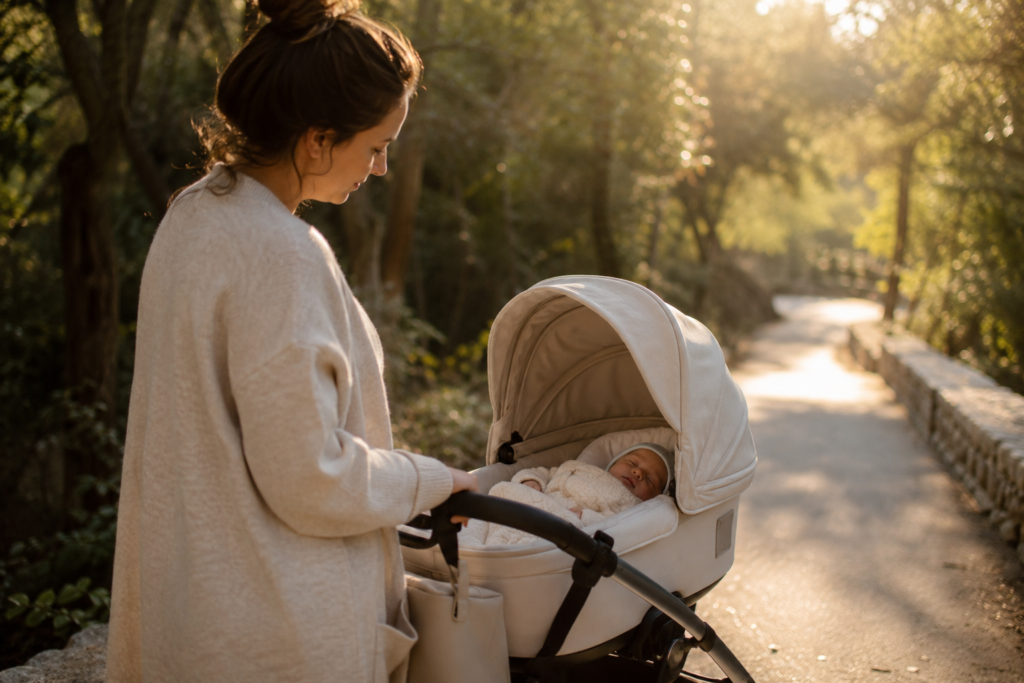 Mother taking newborn for a peaceful stroller walk during newborn wake windows