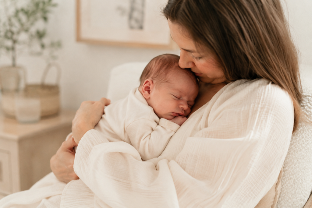 Tired newborn resting in mother’s arms before a nap