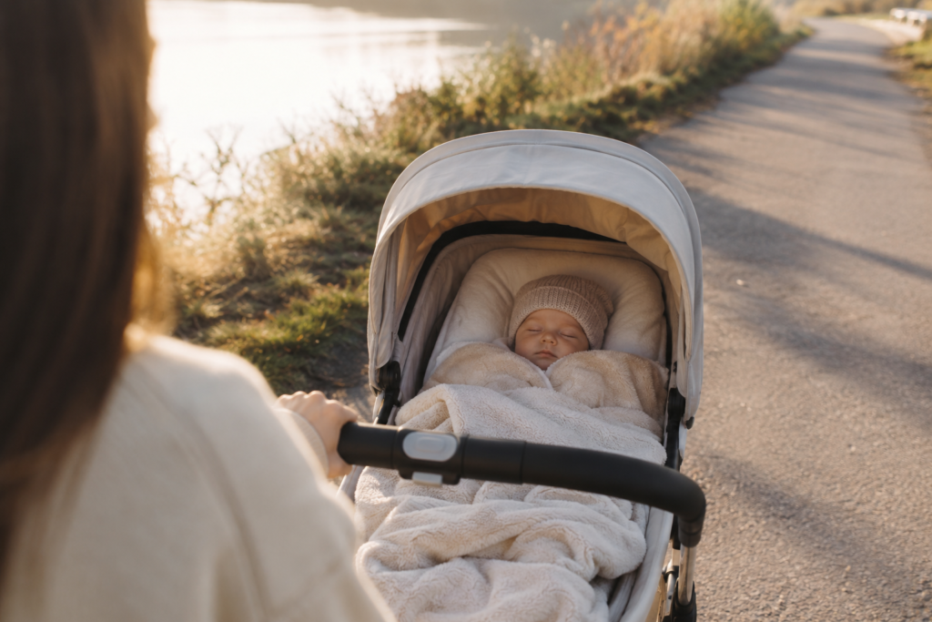 Peaceful newborn stroller walk during postpartum recovery in warm morning sunlight