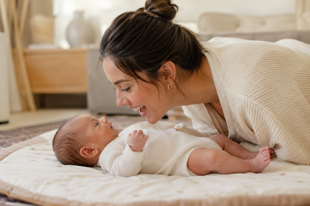 Mother interacting with newborn during a wake window in a calm home environment