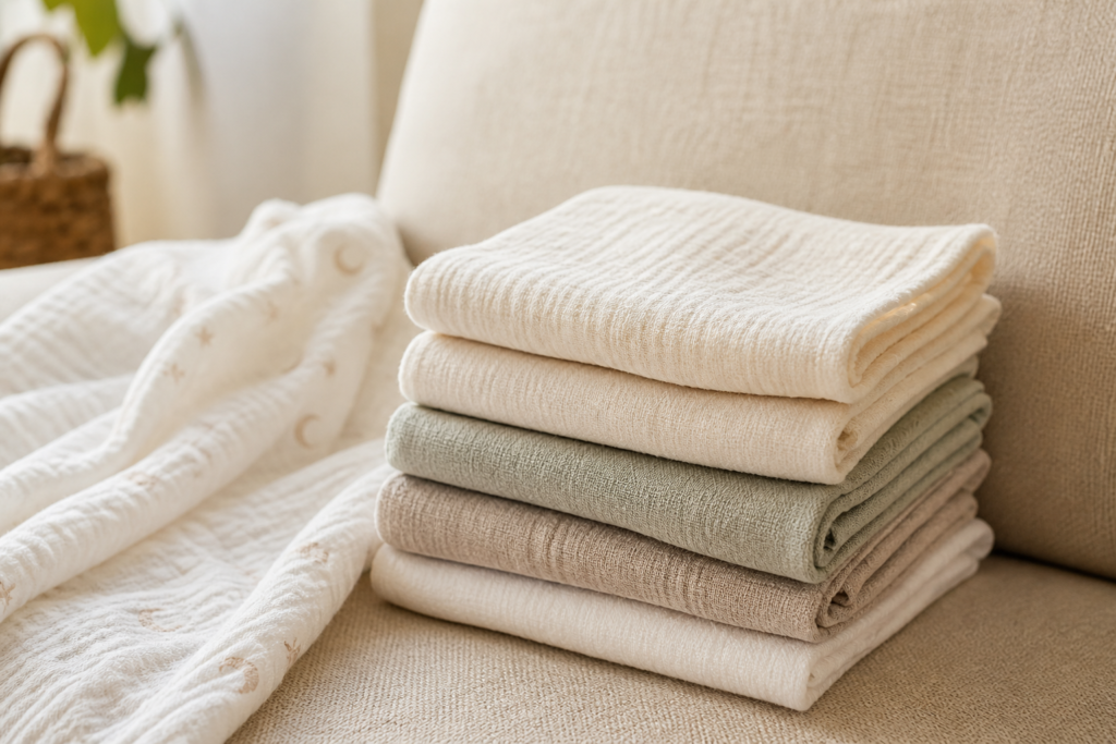 Stack of soft cotton burp cloths for newborn feeding essentials