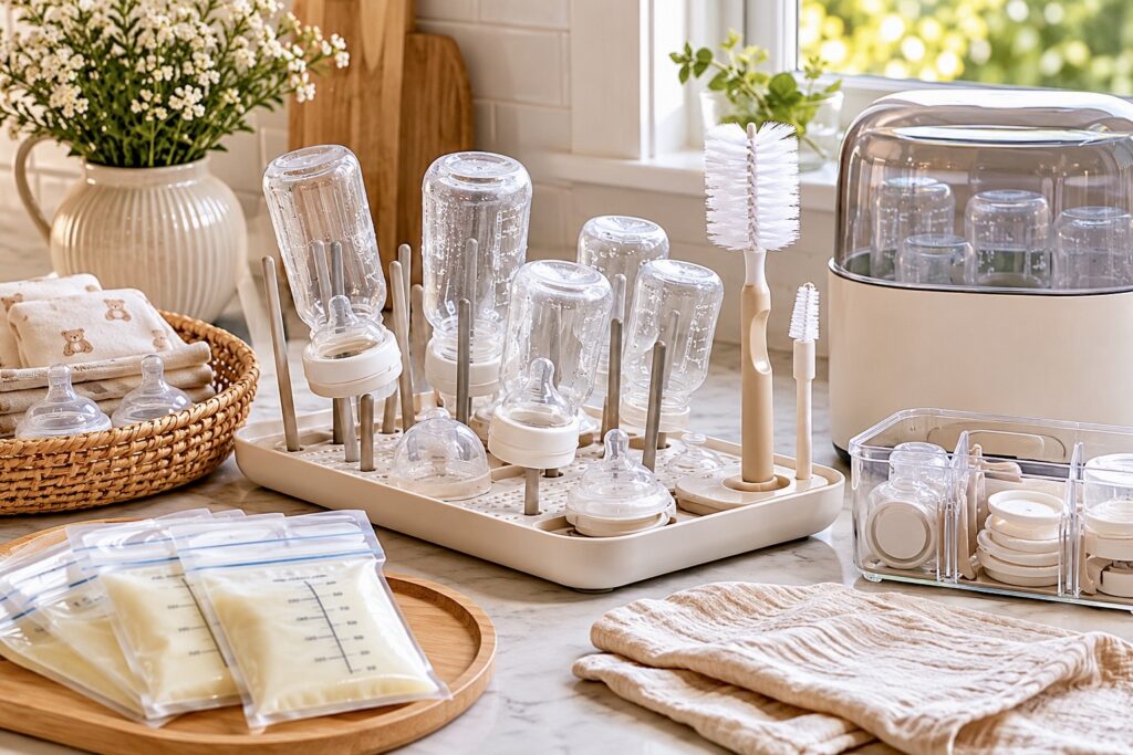 Newborn bottle cleaning station with drying rack, sterilizer, bottle brush, and feeding supplies.