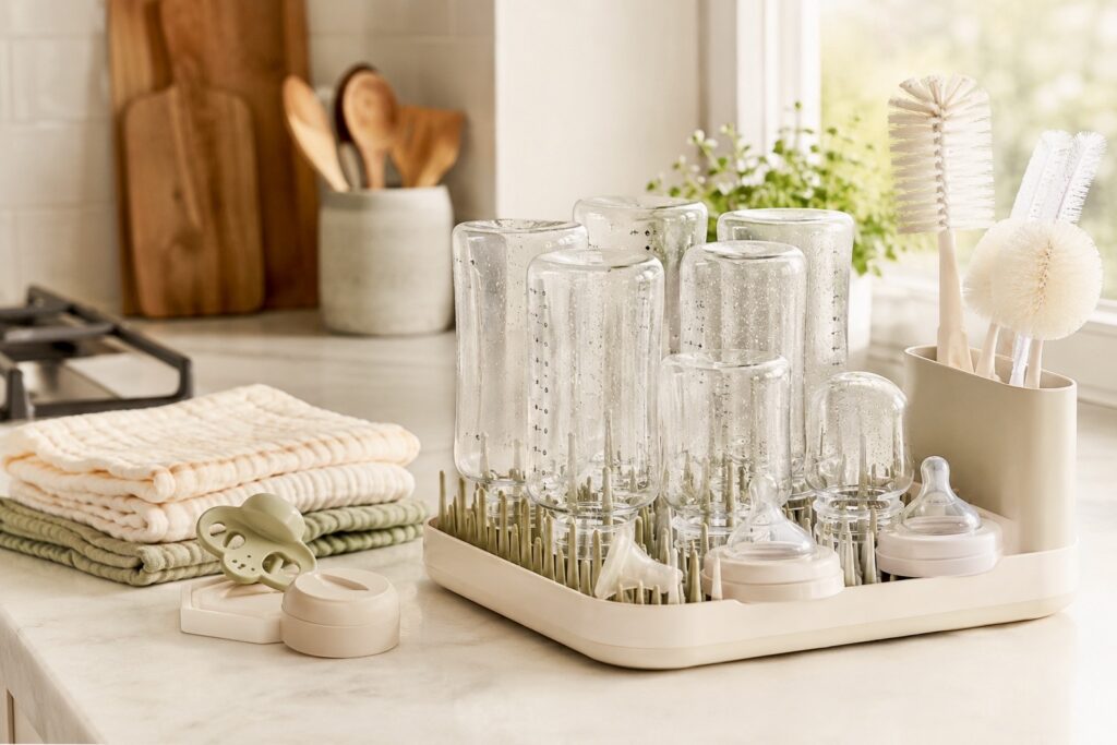Clean baby bottles drying on a drying rack beside feeding supplies.
