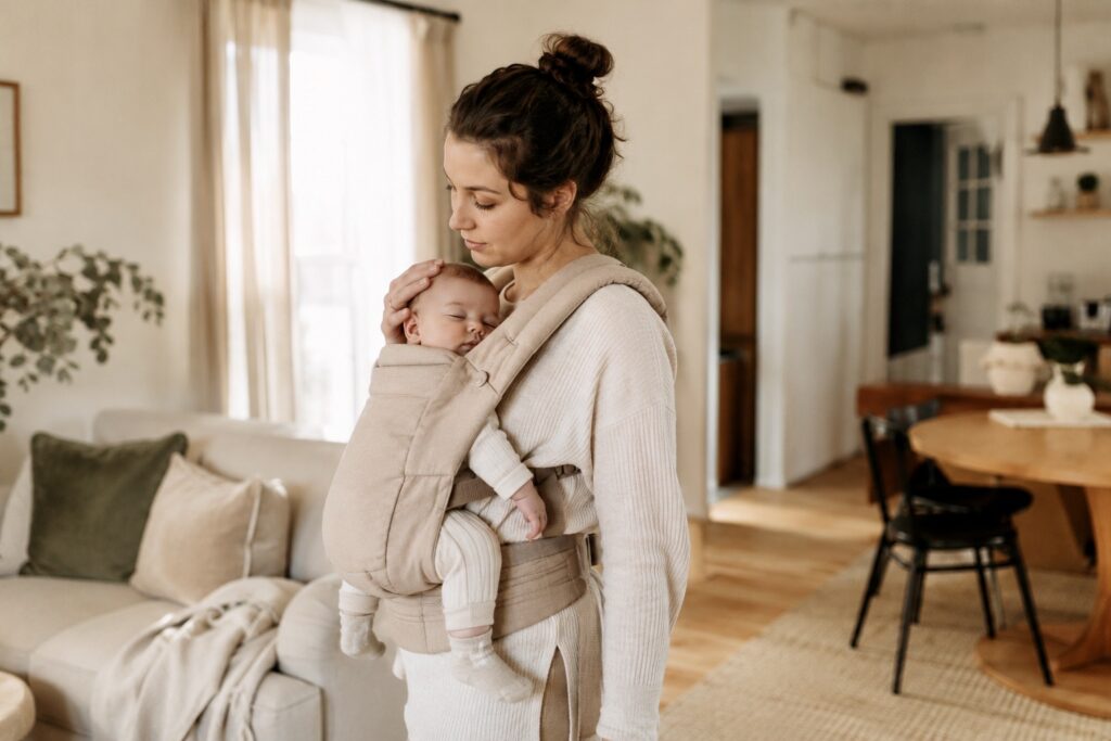 Mother carrying her baby in a soft baby carrier at home.