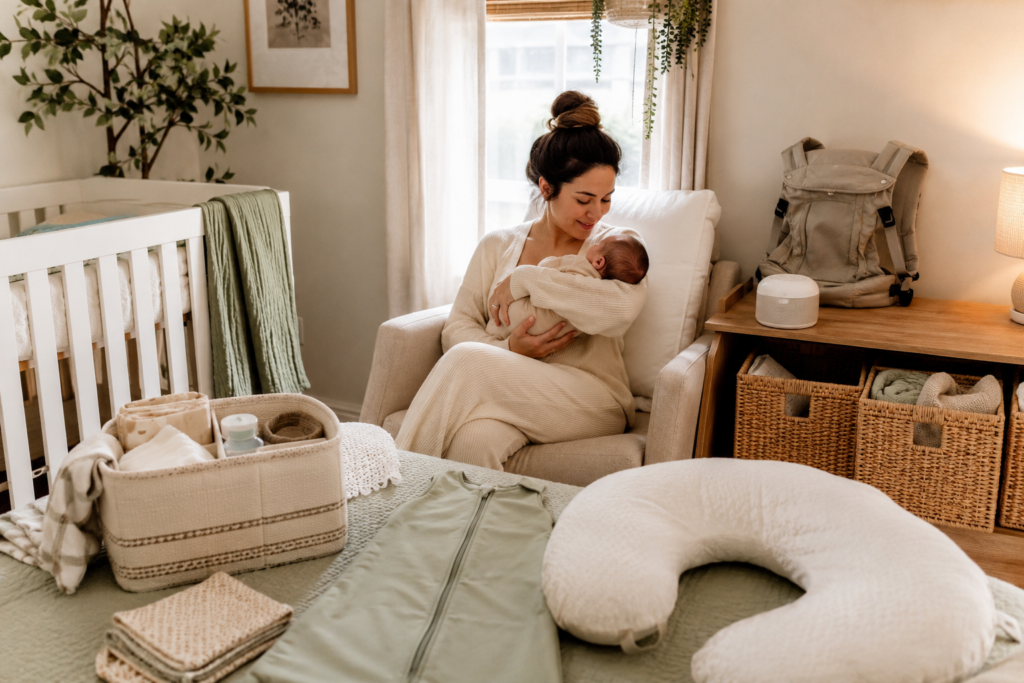 Newborn essentials arranged in a cozy nursery including practical everyday baby items.