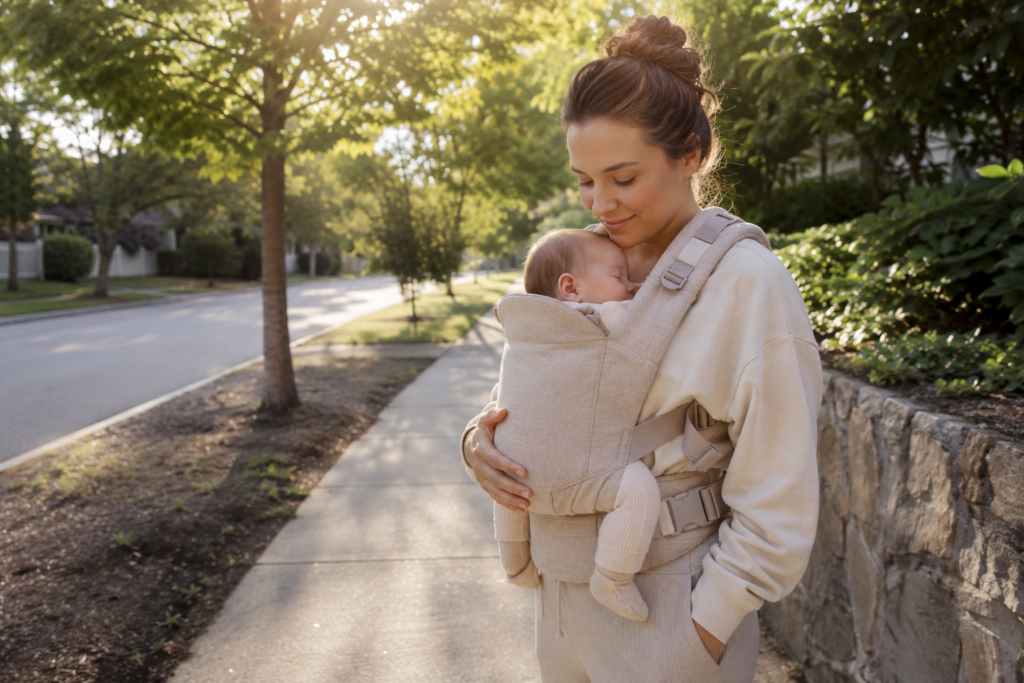Mother taking a walk while wearing her newborn in a baby carrier