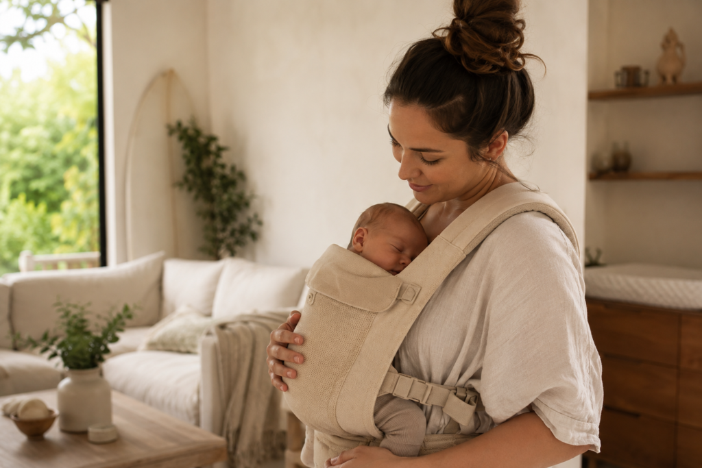 New mom babywearing with a newborn sleeping in a soft baby carrier during the first weeks postpartum
