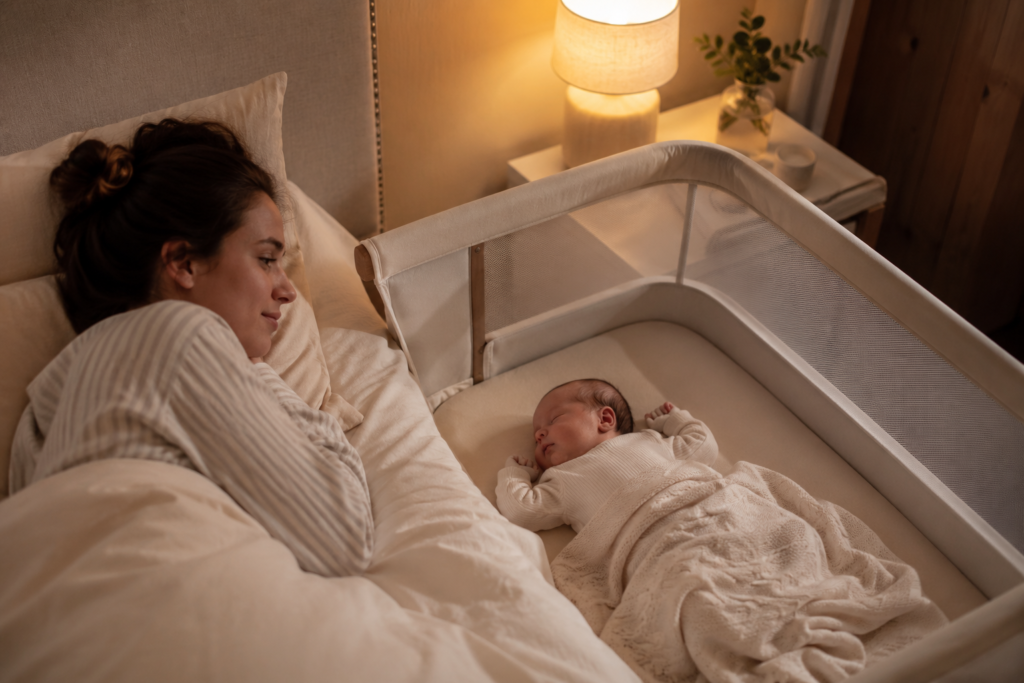 Newborn sleeping peacefully in a bedside bassinet next to a parent’s bed