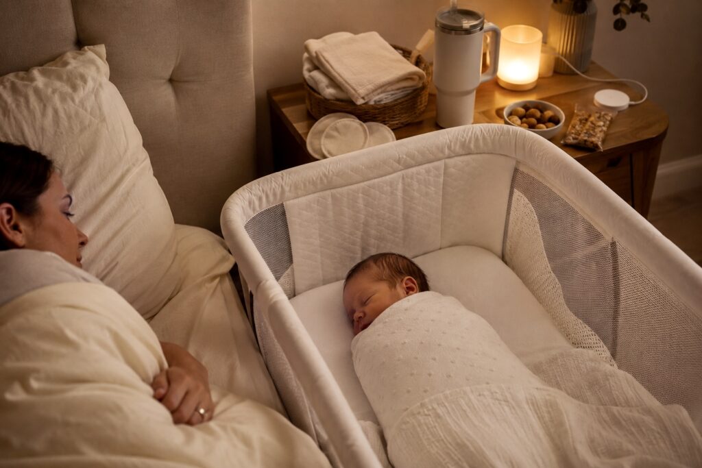 Bedside newborn feeding station with baby bassinet and feeding essentials nearby