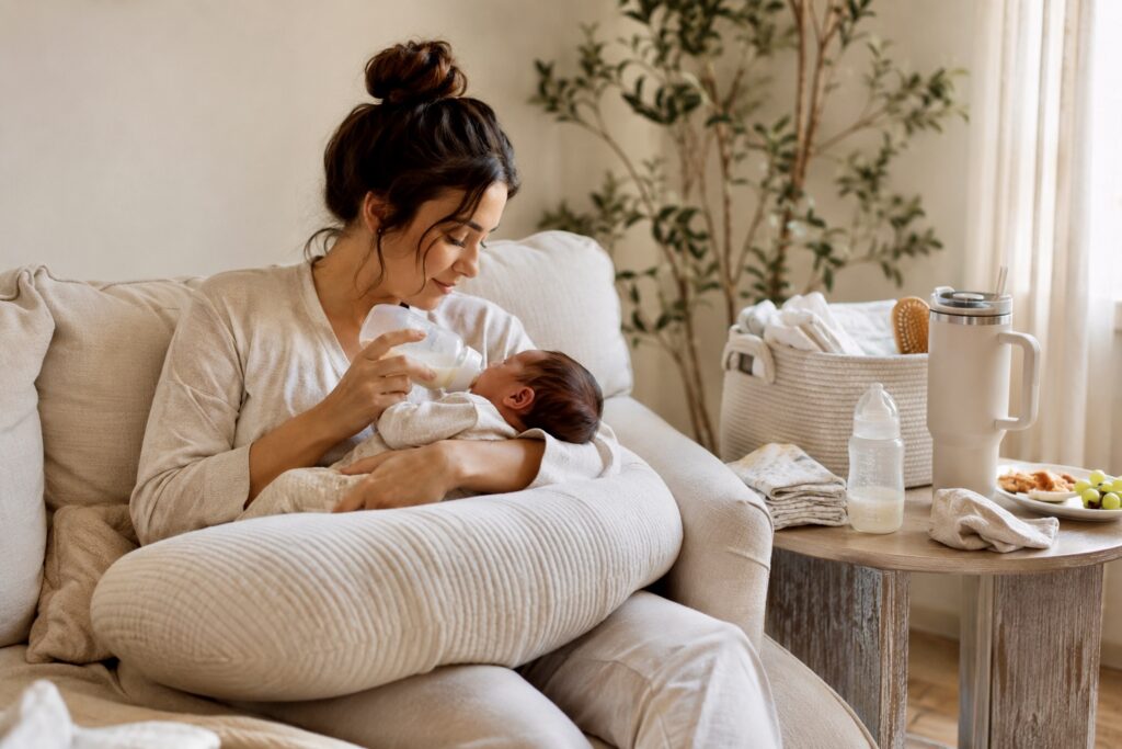 Mother bottle feeding her newborn with a nursing pillow and bottle feeding essentials nearby.
