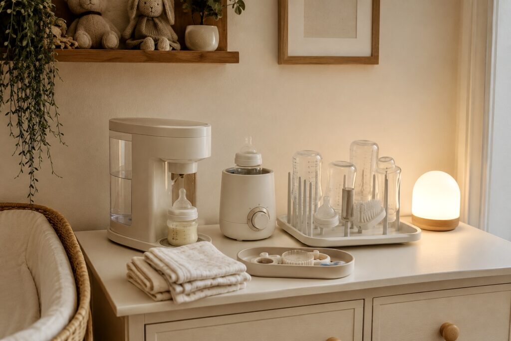 Newborn bottle feeding station with formula maker, bottles, and feeding supplies