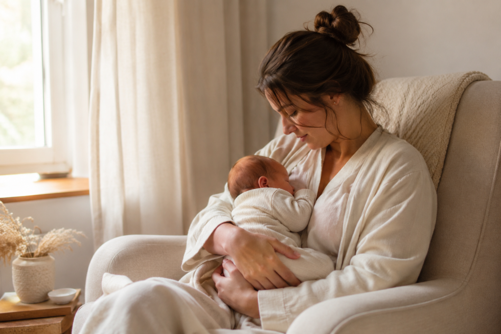Mother holding newborn close before a feeding in a calm home environment