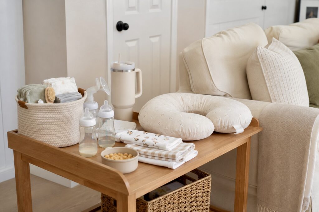 Organized newborn feeding station with baby bottles, nursing pillow, snacks, and feeding supplies