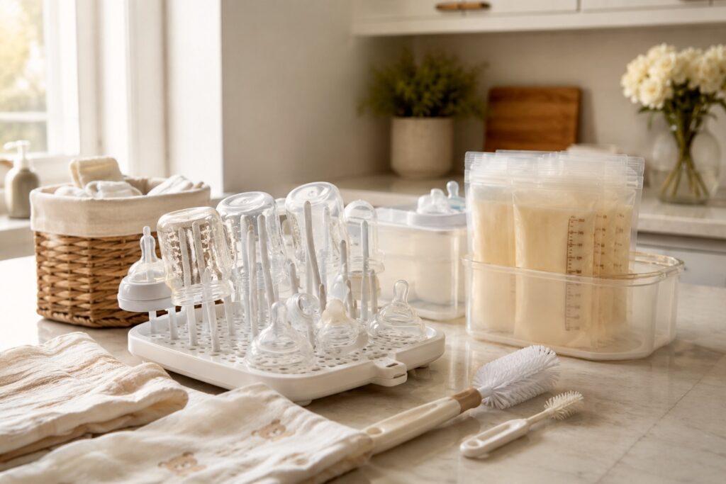 Baby bottles drying beside milk storage bags and newborn feeding supplies