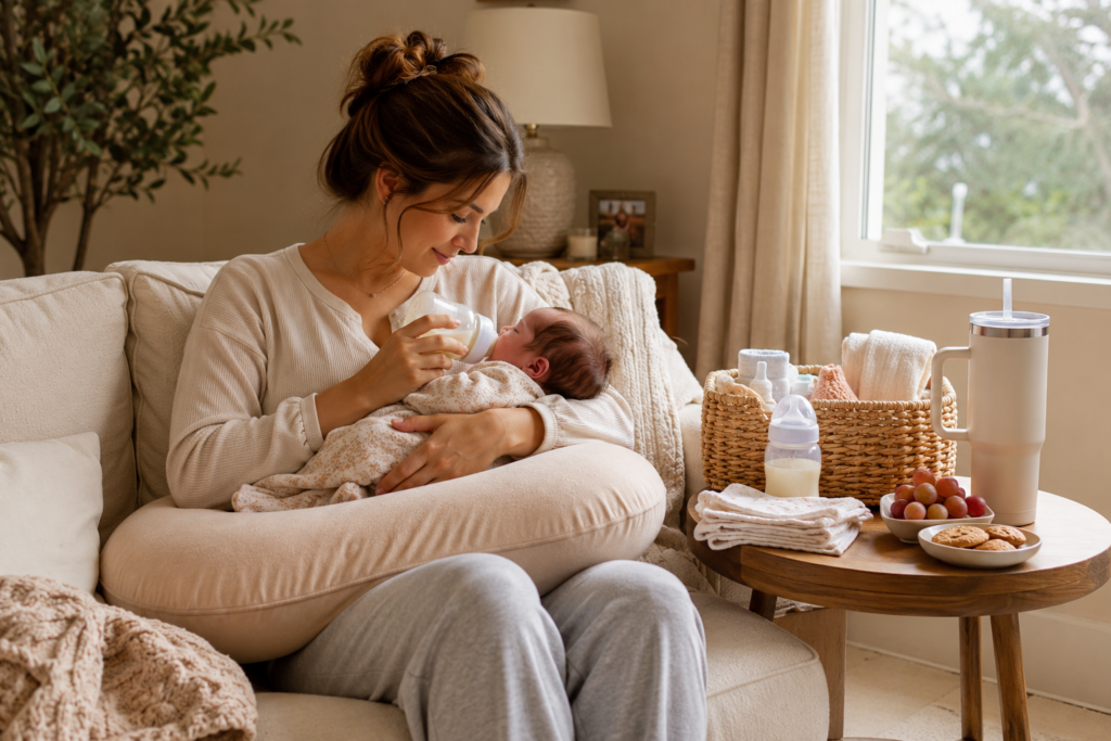 Mom bottle feeding her newborn while sitting comfortably on a couch with combo feeding supplies nearby