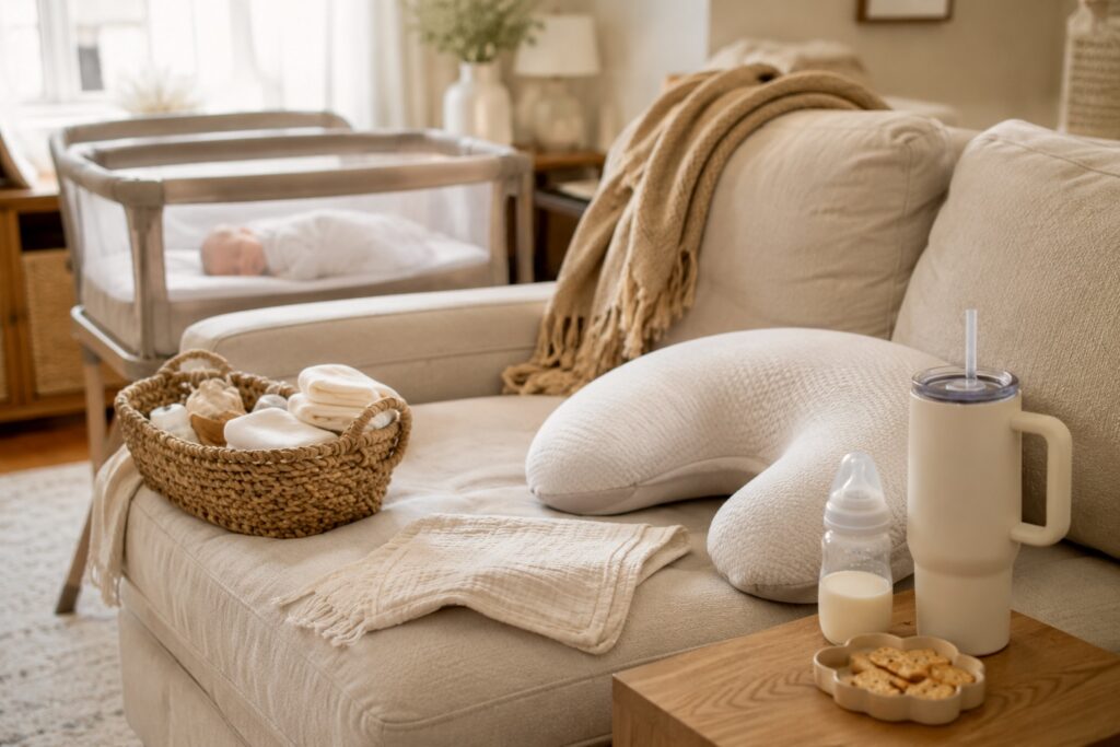 Peaceful newborn feeding setup with bottle, nursing pillow, water bottle, and baby essentials