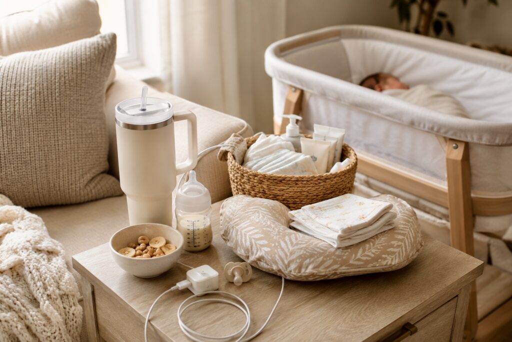 Daytime newborn feeding station organized beside a sofa