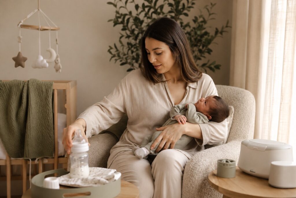 Mom preparing a bottle while feeding her newborn in a cozy nursery.