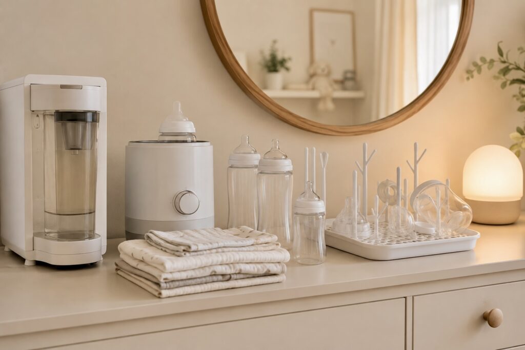 Formula feeding station with formula maker, bottles, bottle warmer, and drying rack.